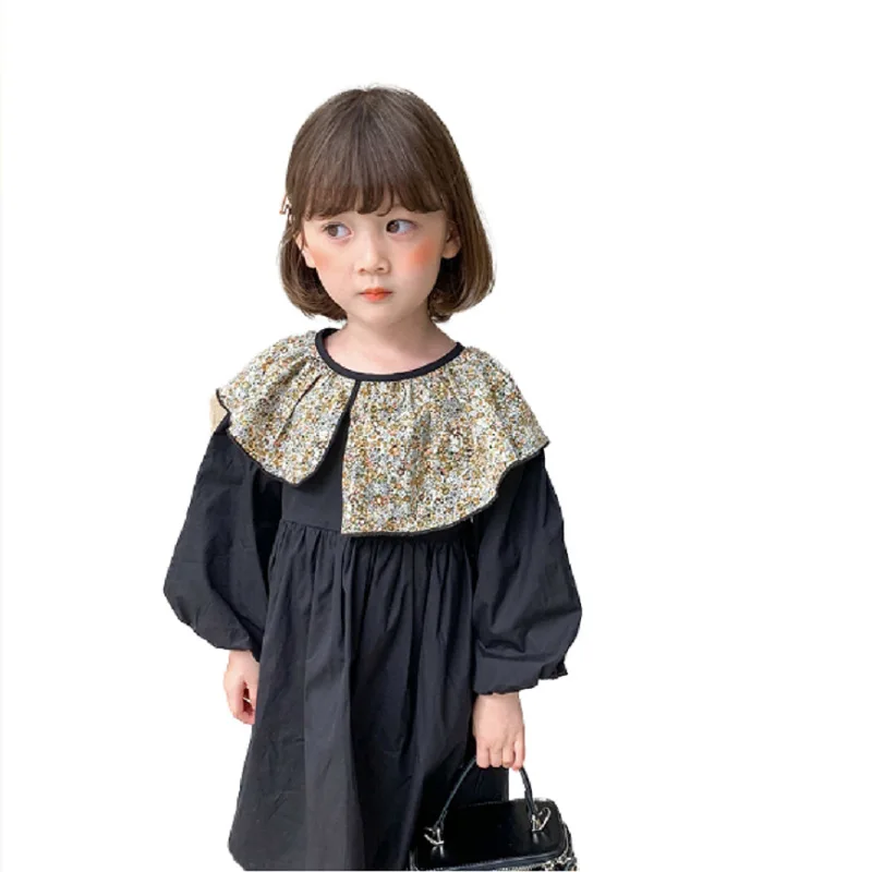 Autumn Girls\' Dress Floral Collar Bubble Sleeves Princess Dress Irregular Pleats Lapel Fashionable Spring Children\'s Clothing