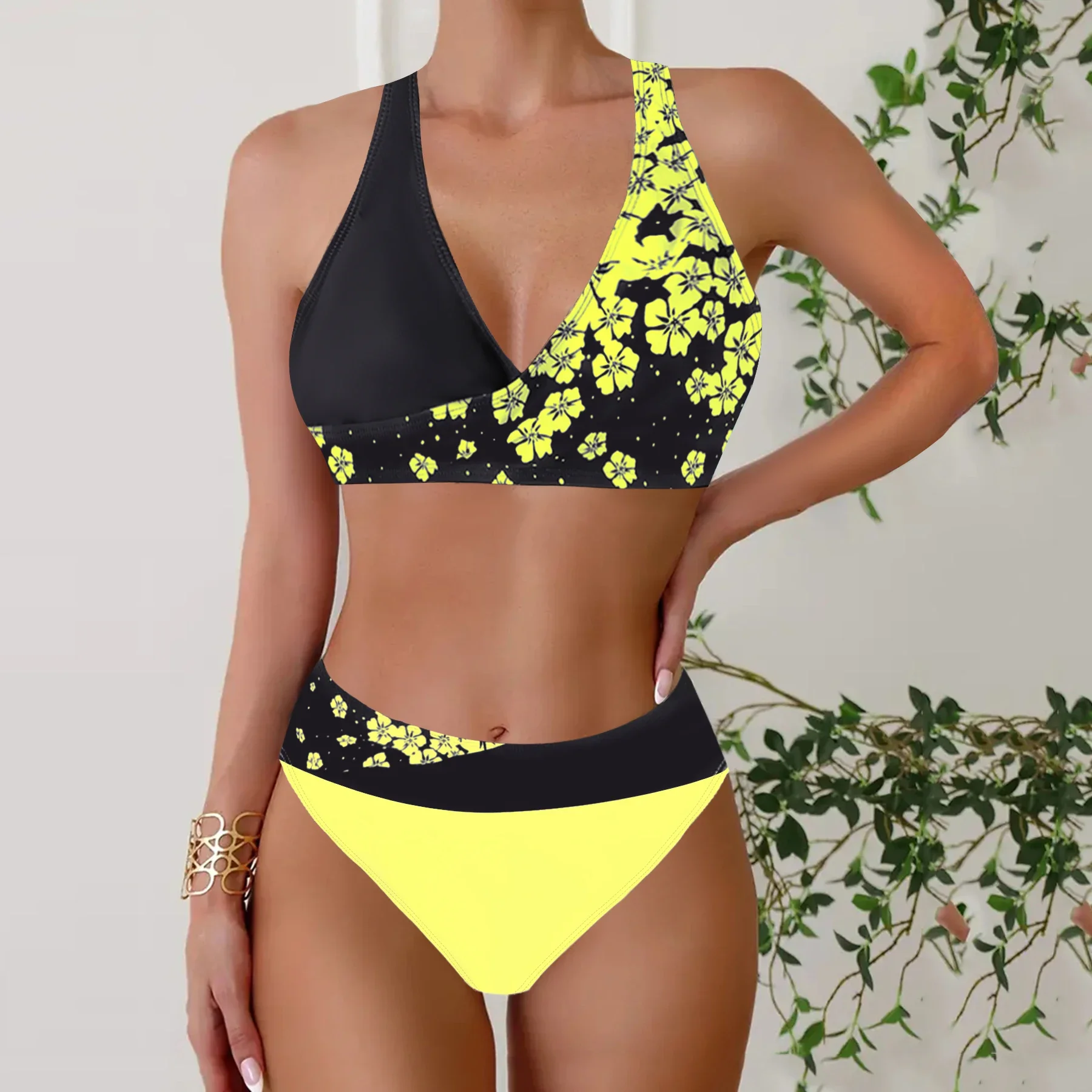 Women's Summer Vacation Tankini Set - High Stretch Crew Neck Swimsuit with Random Print, Knit Fabric 2 Piece Tropical Bikini