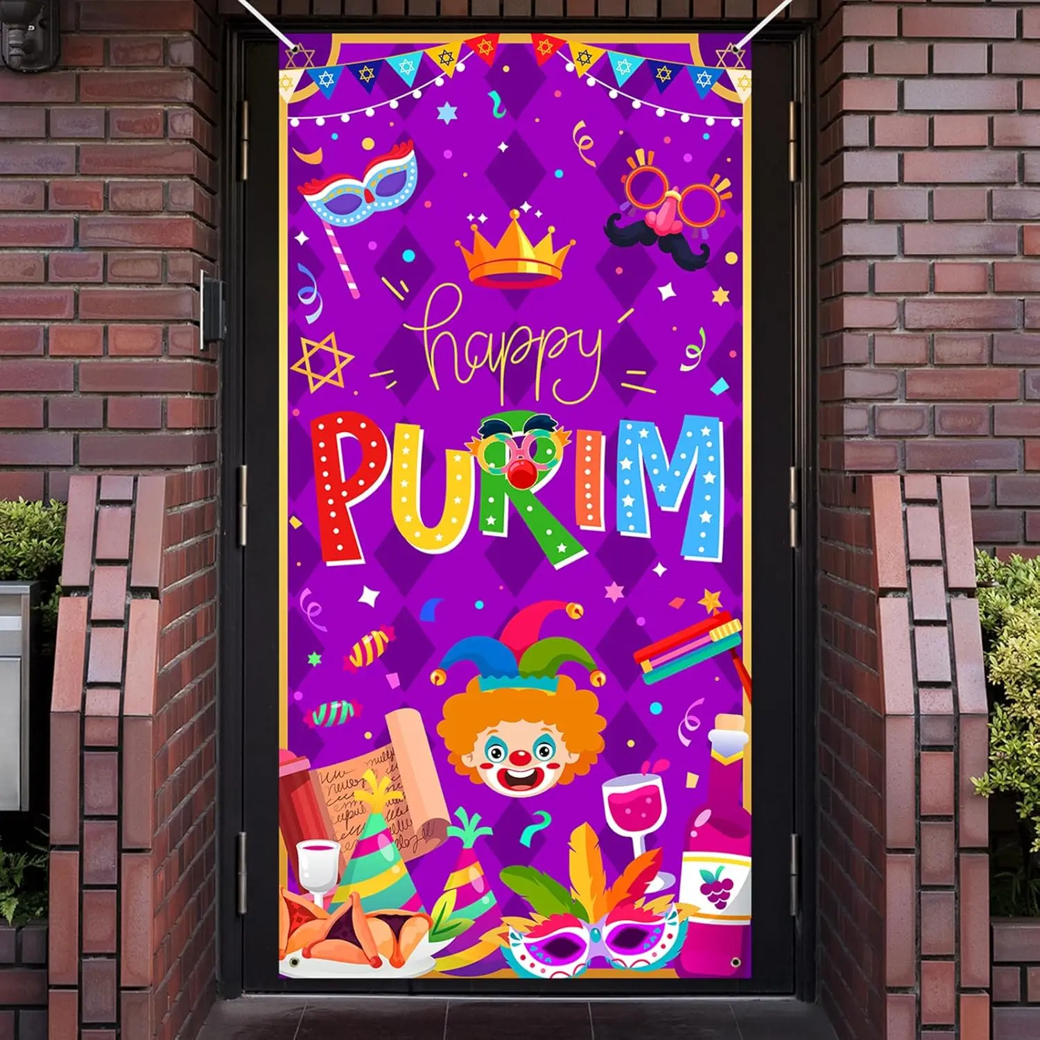 Happy Purim Decorations Door Cover Jewish Purim Front Door Banner for Purim Party