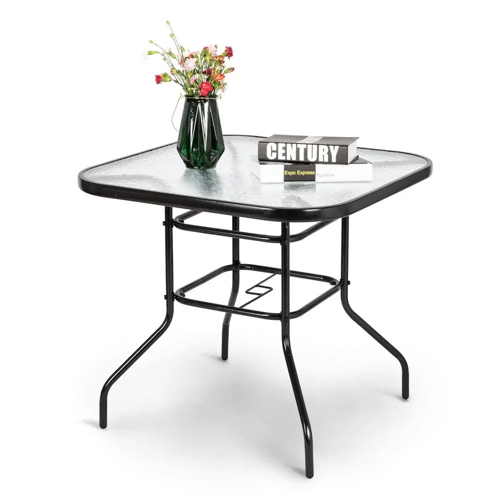 

Стеклянный стол для патио с отверстием для зонта, 32-дюймовый квадратный обеденный стол для улицы, стальной стол из закаленного стекла для патио, уличные столы для балкона