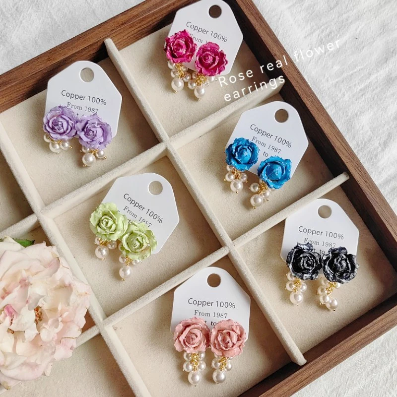 

Multicolor Natural Rose Earring Elegant Imitation Pearls Earrings With Dried Rose Flower Earrings Epoxy Resin Rose Jewelry 2025