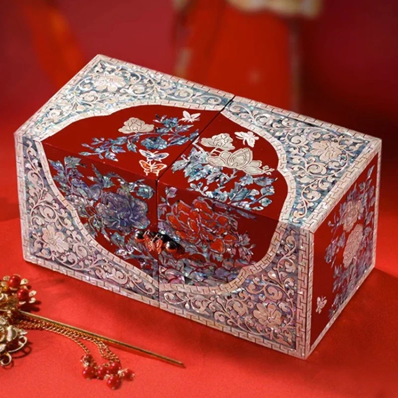 Luodian lacquerware jewelry Chinese ancient style high-end exquisite solid wood jewelry storage box wedding engagement