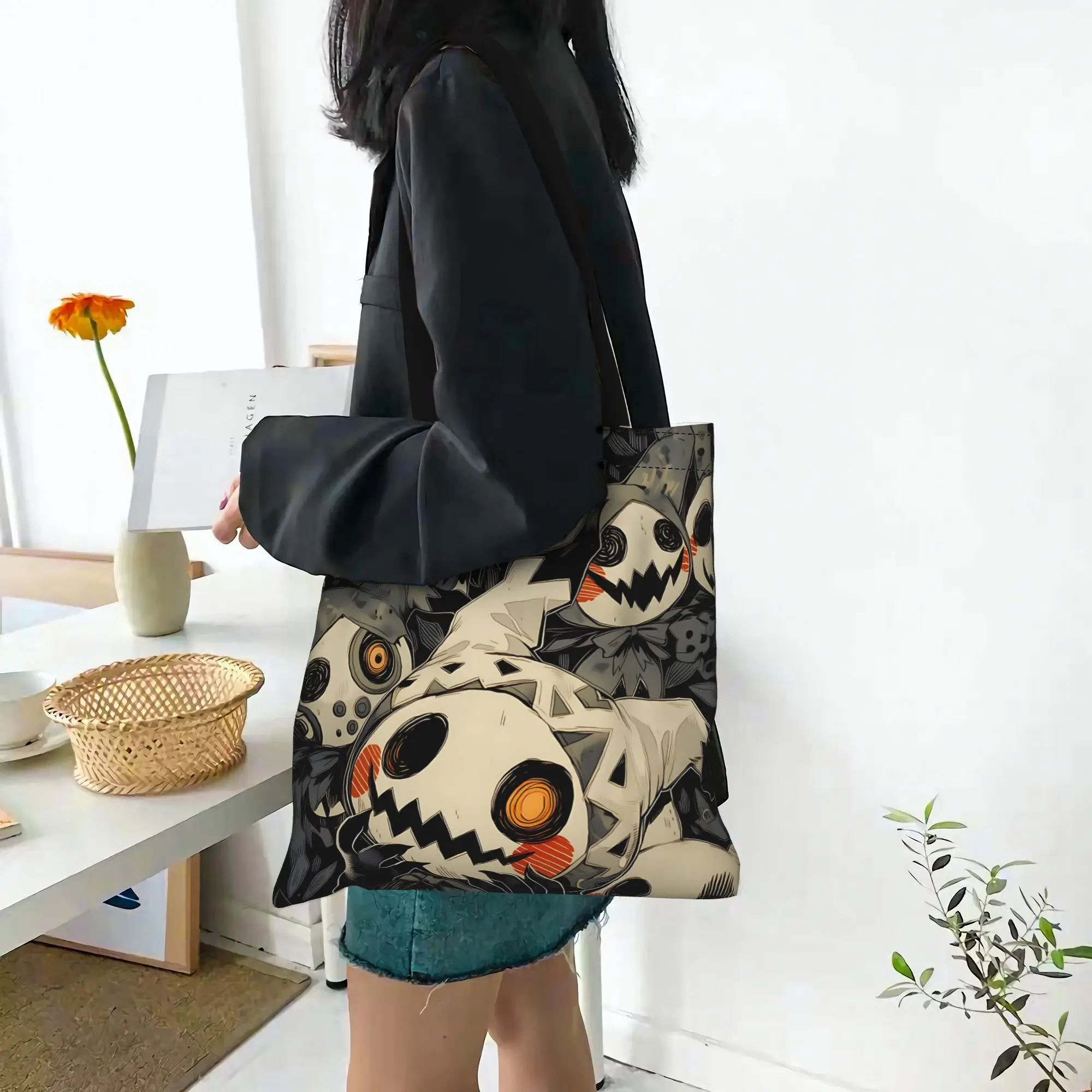 Customized Pokemon Mimikyu Spotted Worn Collage Women's Bag Shopping Bag Reusable Double Sided Canvas Tote Bag Shoulder  Handbag