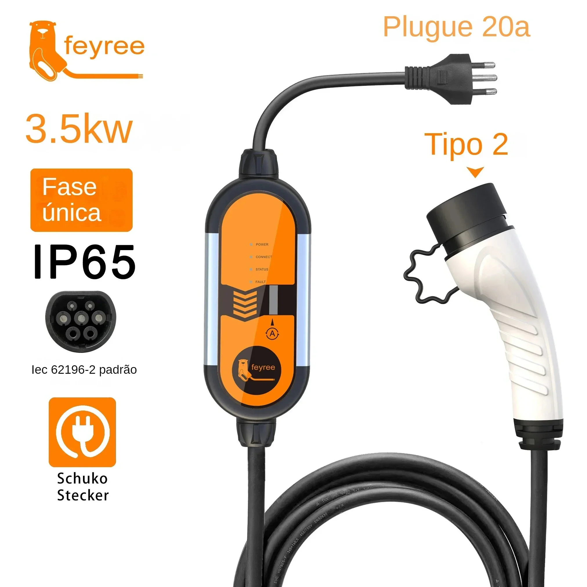 Feyree 32A 7KW Type2 EV cargador portátil 11KW 16A 3 fases 5M Cable EVSE caja de carga cargador de coche enchufe CEE para vehículo eléctrico