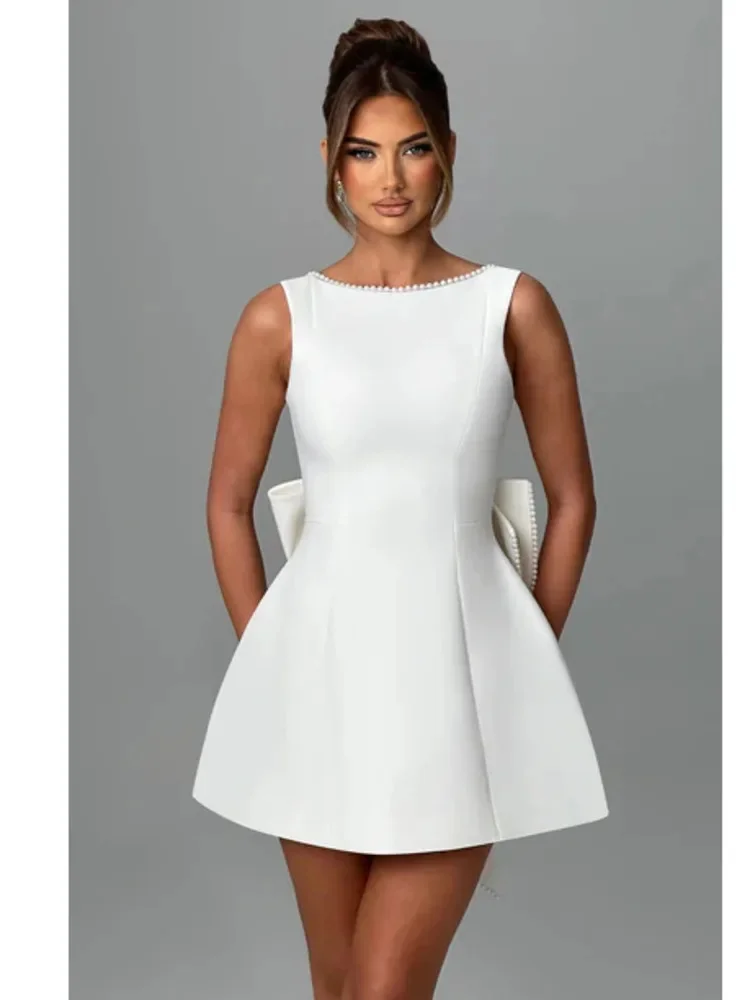 White Pearl Backless Bow Evening Party Mini Dresses Women 2024 Sexy Dress Bodycon Robes Summer Waist Wrap A Line Dress Vestidos