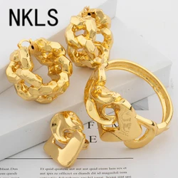 Luxury Hoop Earrings Cuff Bangle Fashion Ring Set African Gold Color Women's Jewelry Set Trendy Wedding Party Gift Jewellery Set