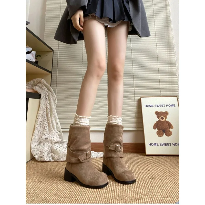 Fashion Slip On Folded Pile Long Booties Female Shoes Autumn Winter Platform Thick Heel Women Western Cowboy Boots
