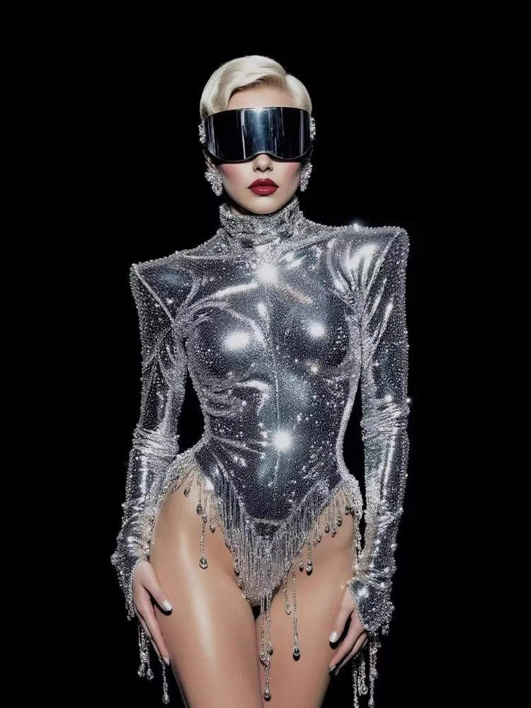 Sexy Silver Rhinestone Flashy Women Costume DJ Bar Singer Show High-end Customes Performance Outfit Party Nightclub Cosplay Suit