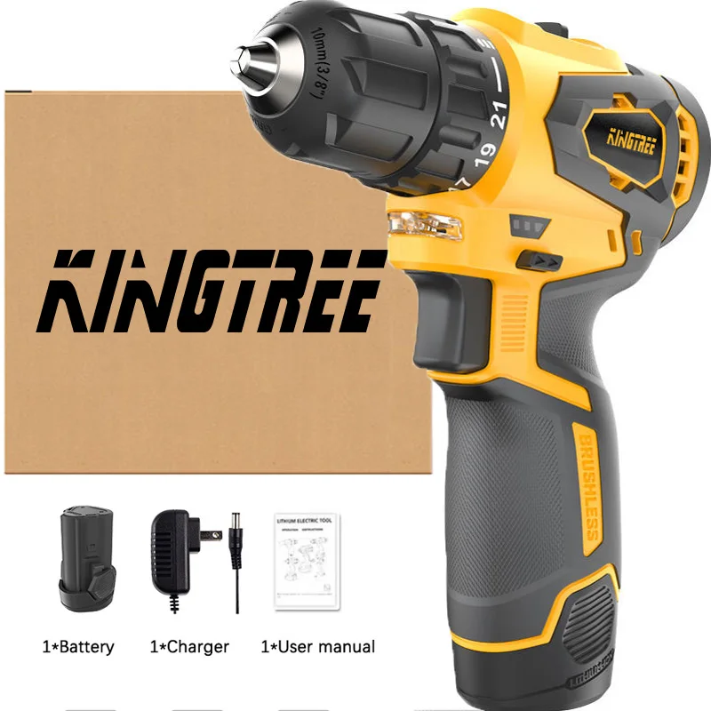 Kingtree 12V Brushless Electric Drill 36NM Cordless Driller Mini Driver Screwdriver Li-ion Battery Power Drill