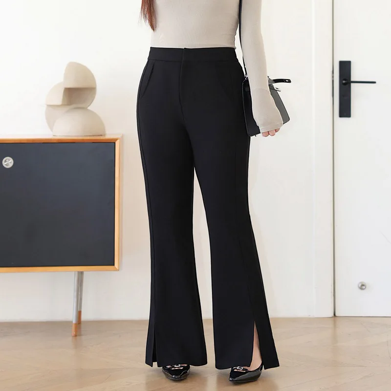 Commuter Casual Thin Straight Slit Pants Women XL Autumn 2024 Good Quality High Waist Full Length Micro Flare Trousers