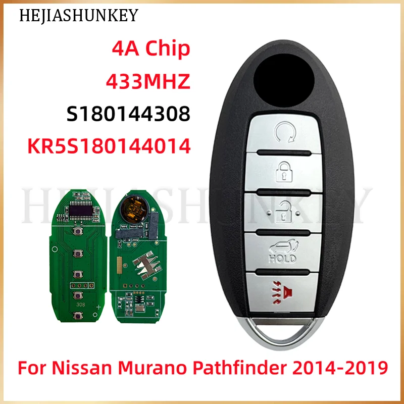 

S180144308 KR5S180144014 5 Button Keyless Smart Remote Car Key Fob 433MHz 4A Chip For Nissan Murano Pathfinder 2014-2019 Lock