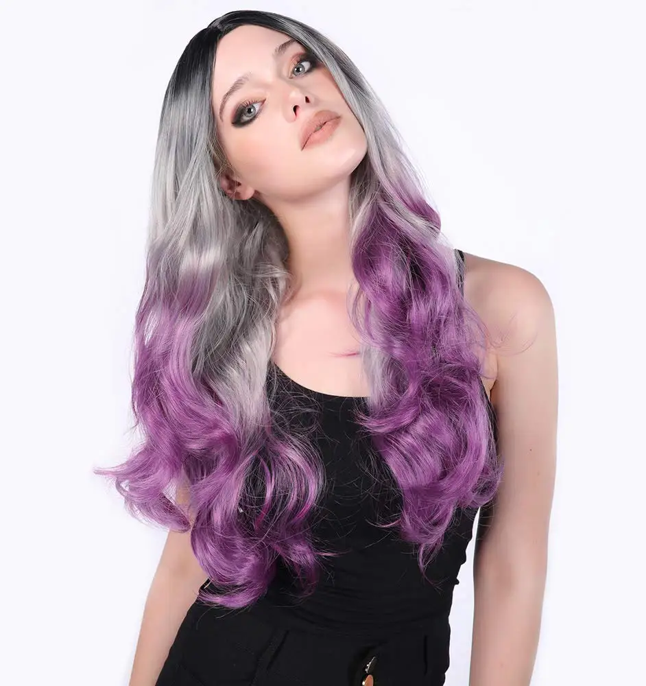 

Long Wavy Full Wigs Ombre Black Grey Purple Wig Mix Three Tones Dyeing Color Synthetic Hair Anime Costume Cosplay Wig for Women