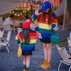 Mother And Daughter Matching Jumper Winter Clothes Rainbow Mom Son Knit Sweater Mommy And Me Kids Knitwear Women Knitted Tops