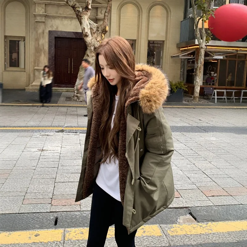 Winter Padded Jackets Women Large Faux Fur Hood Loose Windproof Insulated Thickened Pockets Workwear Style Mid Length Coats