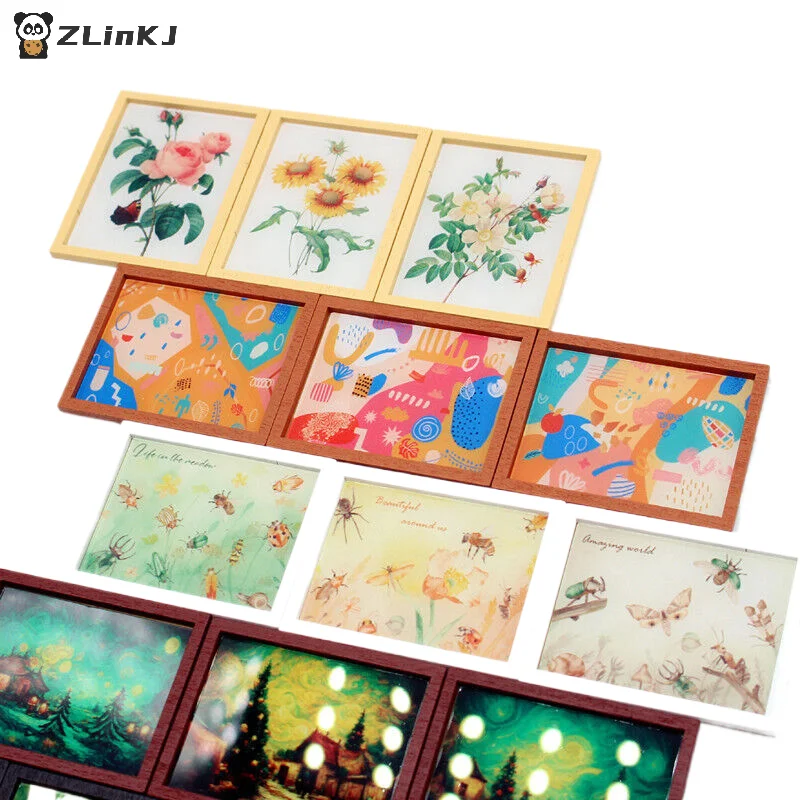 ▶3Pcs/Set Dollhouse Mini Modern Style Illustration Abstract Mural DIY Mini Furniture Model Set Toy Living Room Scene Accessories