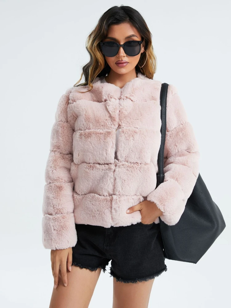 Veste en fausse fourrure à col rond pour femme, couleur unie, décontractée, blanche, moelleuse, Slim, chaude et épaisse, manteau de luxe en peluche de vison, élégant, hiver