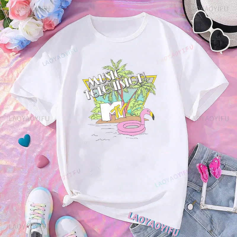 Classic Vintage Logo Graphic Woman T-Shirt Summer Beach Coconut Trees for Men MTV Beach Island 1980 High Quality Cotton Clothing