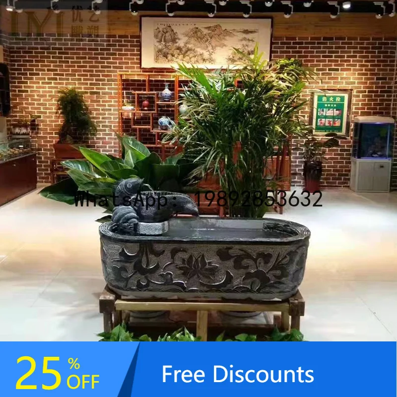 

XL Chinese Garden Antique Blue Stone Marble Water Flow Stone Carving Fountain Landscape Water Pool Stone Ornament