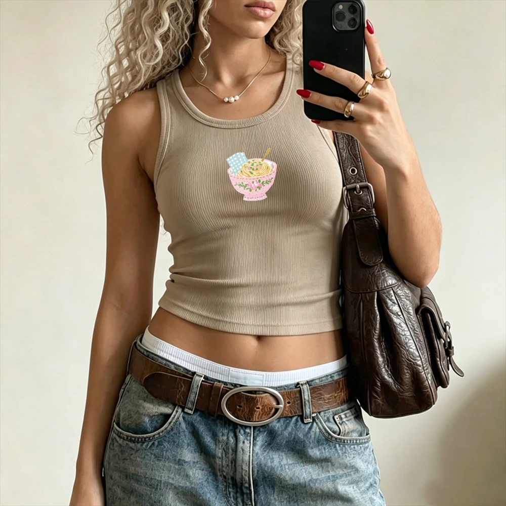 Floral Bowl Noodle Food Hand Drawn Y2K Top Camisole Ribbed Tank Tops Bodycon Crop Top Sleeveless Cropped Tank Cami Vest Foodie