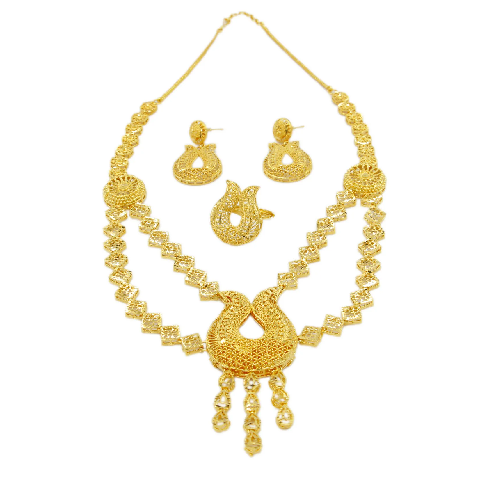 Adixyn Indian Bridal Jewelry Sets Ethiopian Dubai Gold Color Necklace Earrings Ring Sets Luxury Nigerian Wedding Gifts N09033