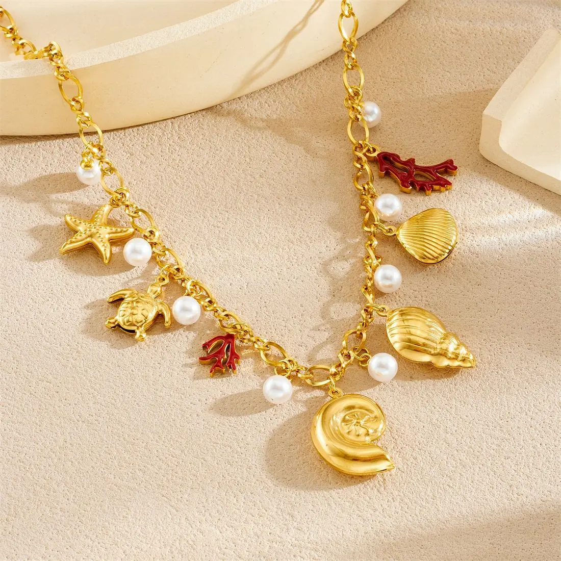 

Women's Fashion Niche Ocean - Style Stainless Steel Choker, Gold - Plated Starfish Conch Coral Enamel Unique Glam Chain