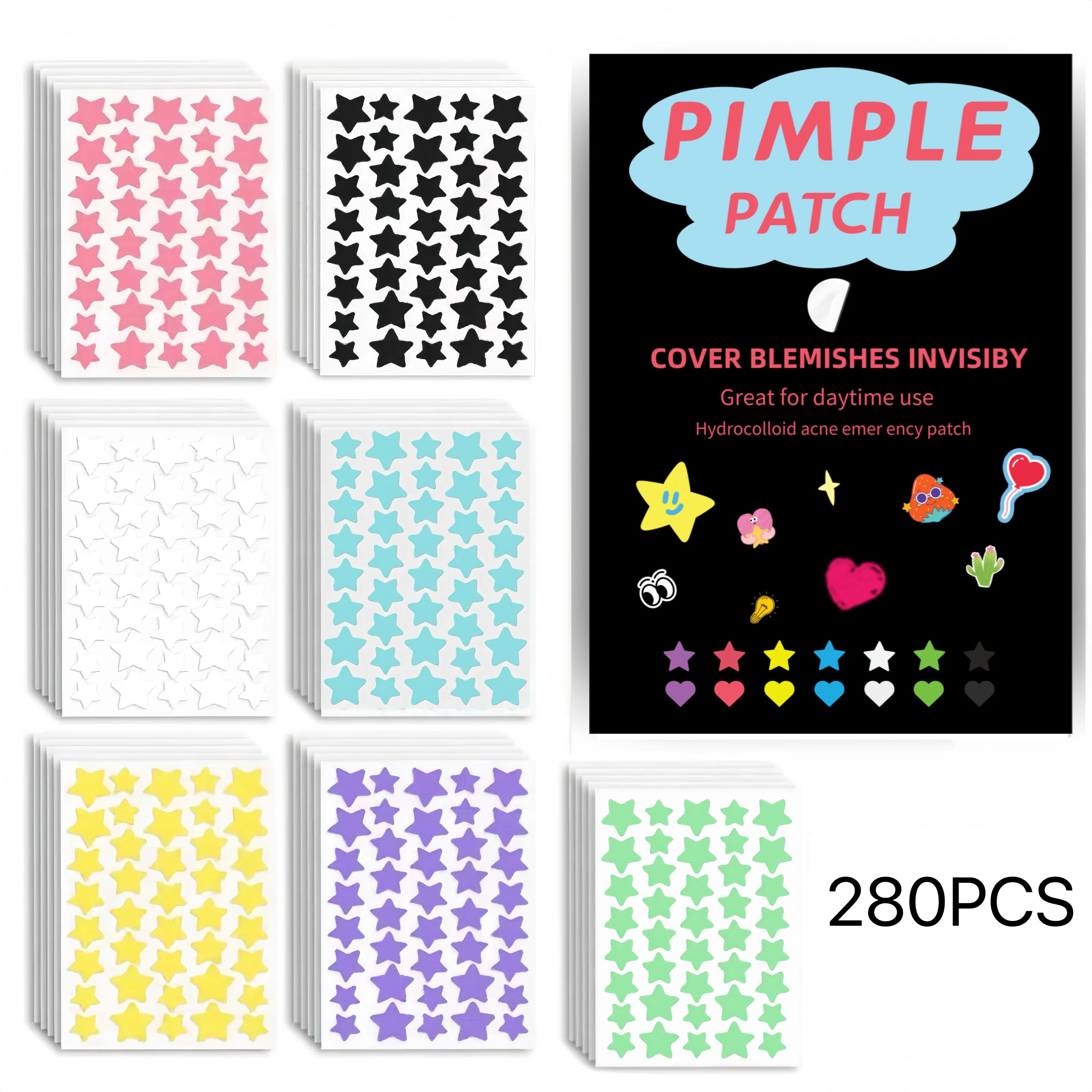 280 Parches Hidrocoloides para Granos en 6 Colores, con Diseño de Estrellas y Graffiti, Adhesivos Decorativos para el Acné, Transparentes e Invisibles, Redondos, Talla B