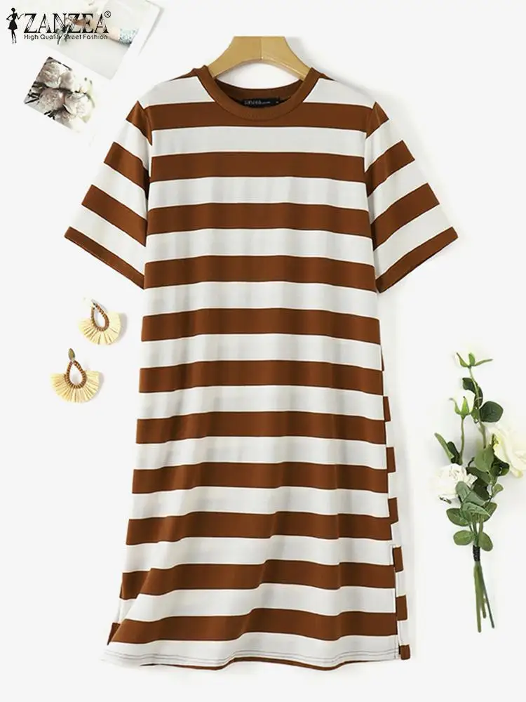 ZANZEA Summer 2024 Women T-shirt Dress O Neck Striped Korean Fashion Elegant Robes Casual Half Sleeve Loose Knee-length Vestidos