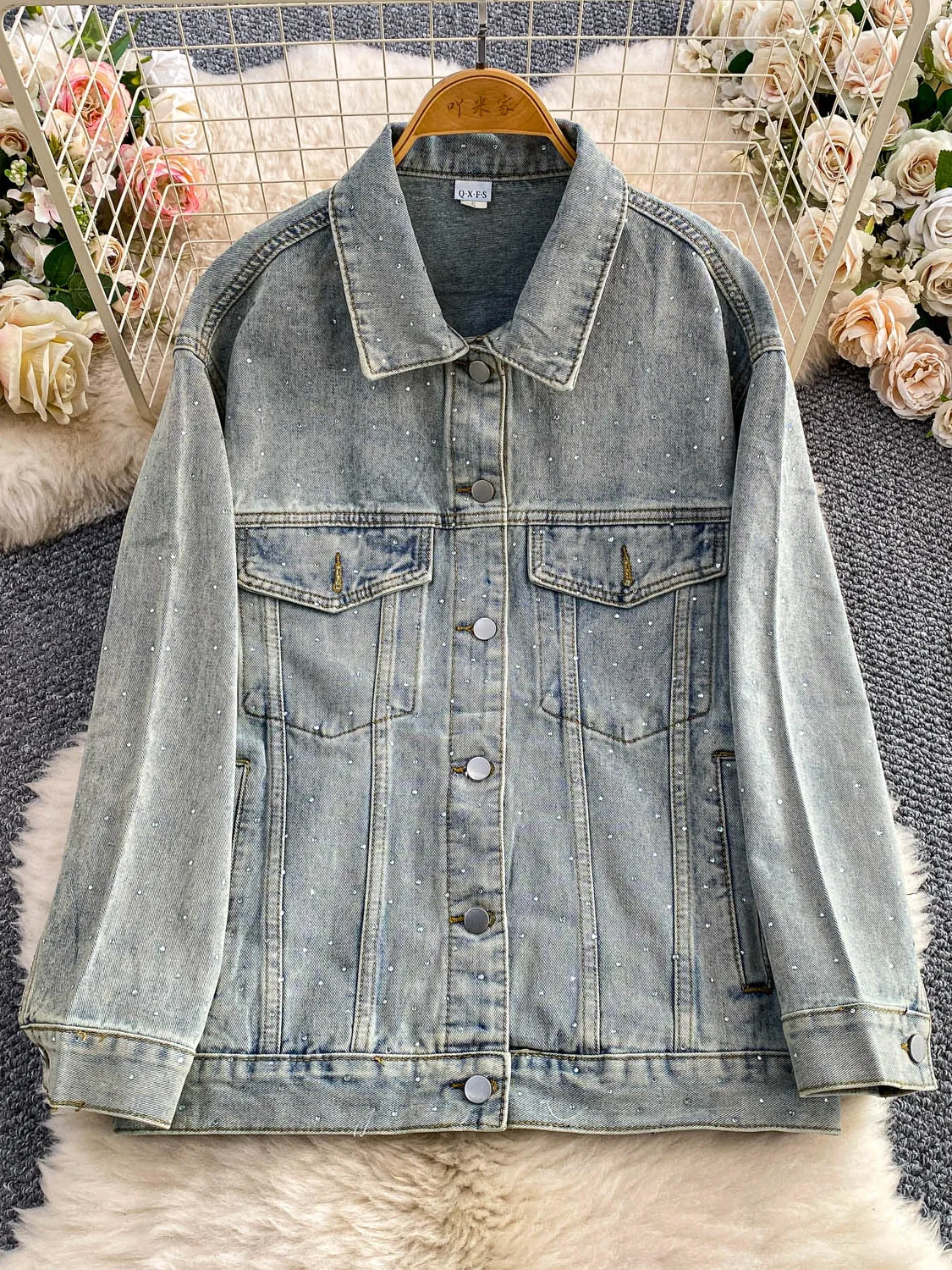 Slimming Effect Waed Denim Long Sve Collared Jaet Loose Fit Women's Faion Outerwear Casual Commute Sle Multi-ke...