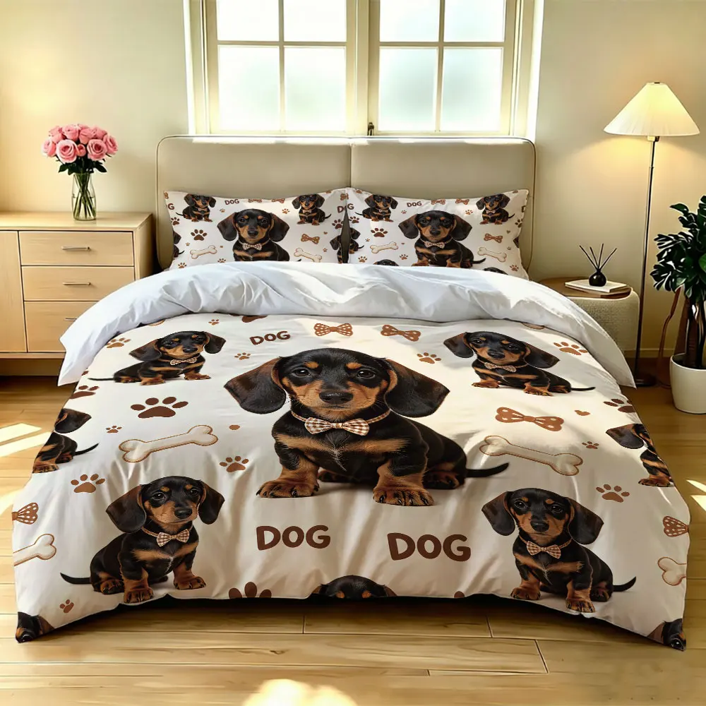3pcs Cartoon Cute Sausage Dog Print Coreless Duvet Cover Set Multi Size Comfortable Bedroom Bedding Decoration, Machine Washable