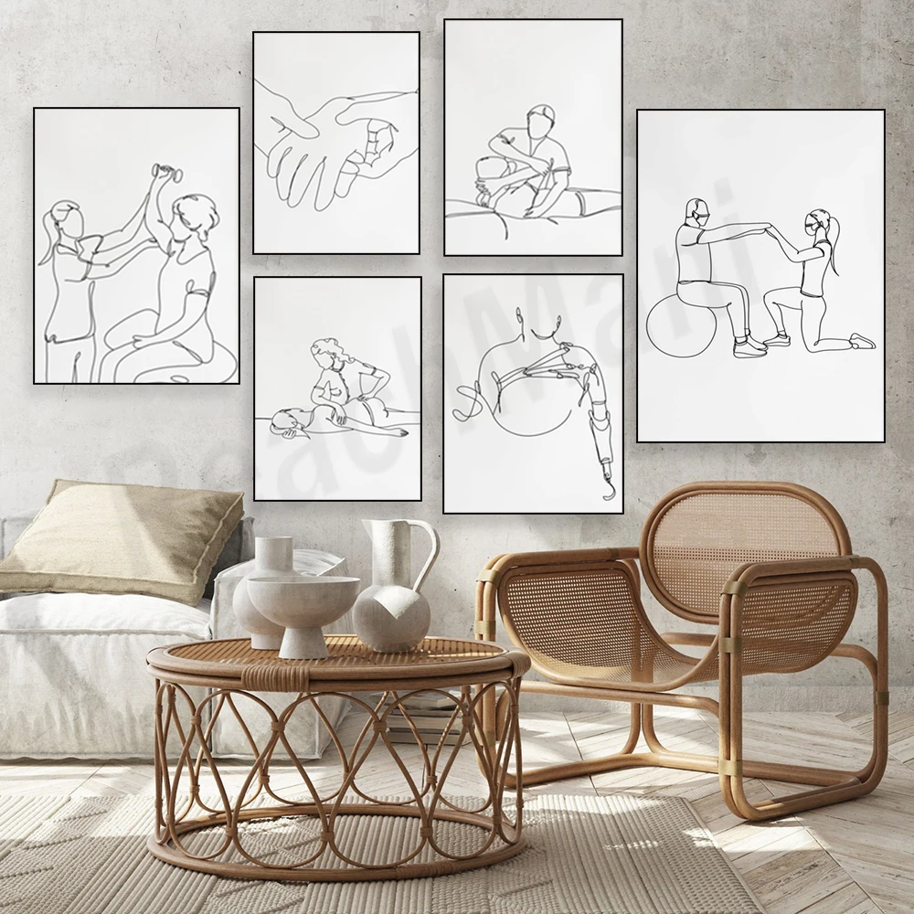 Minimalist chiropractic, acupuncture, body rehabilitation line art, athlete injury recovery physiotherapy, sports therapy poster