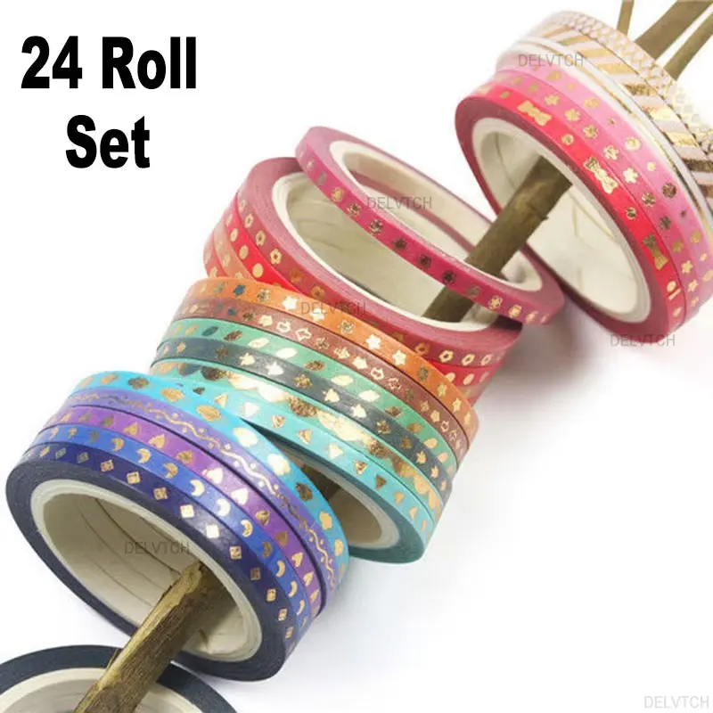 

24 Roll Set 3mm*5m Slim Gold Foil Hot Stamping Washi Tape Paper Scrapbooking Decorative Adhesive Stationery Sticker Masking Tape