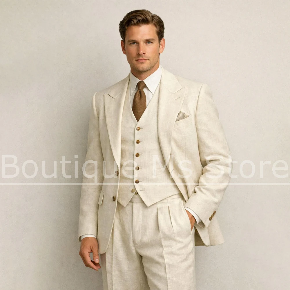 Men Linen Formal Wear - Fashion Men Linen 3 Piece Suit
