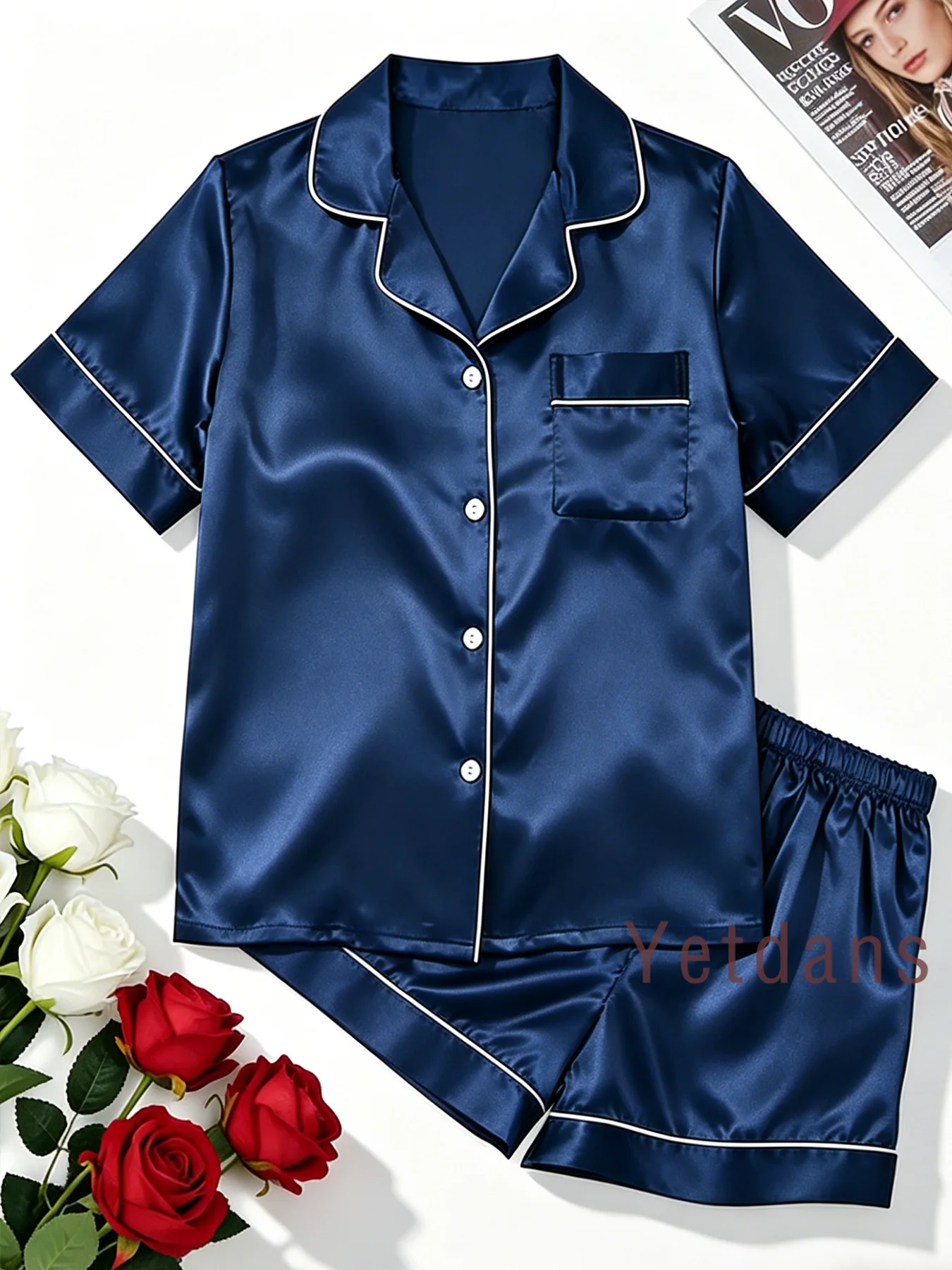 Satin Pajama Set Women Summer Faux Silk Pajamas 2Pcs Button Down Loungewear Top & Shorts with Contrast Binding Casual Sleepwear