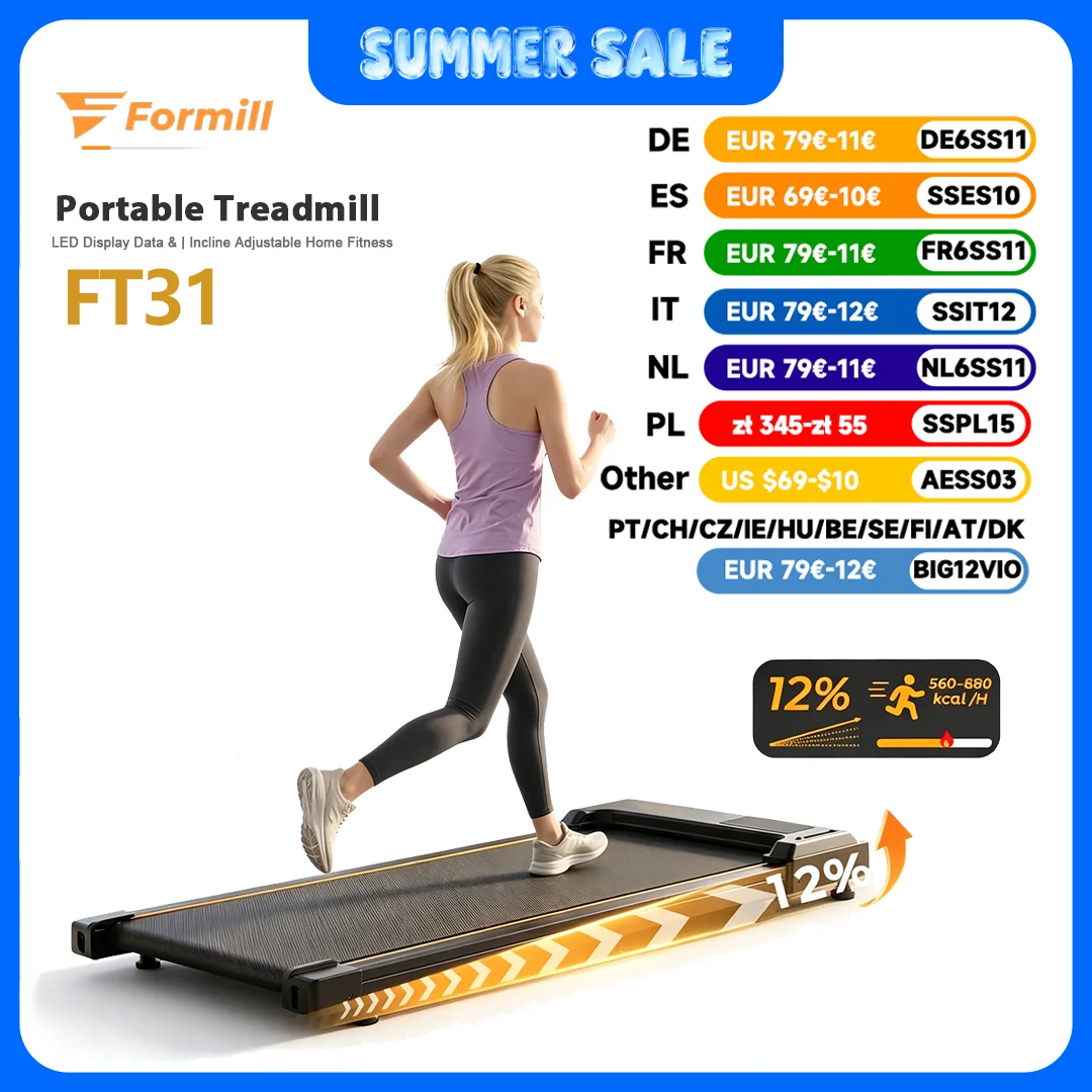Tapis de course Formill FT31 2,5 CV, inclinaison réglable à 12 %, moteur, vitesse 6 km/h, tapis de course portable, antidérapant, absorption des chocs, affichage LED, léger, pour la maison et le