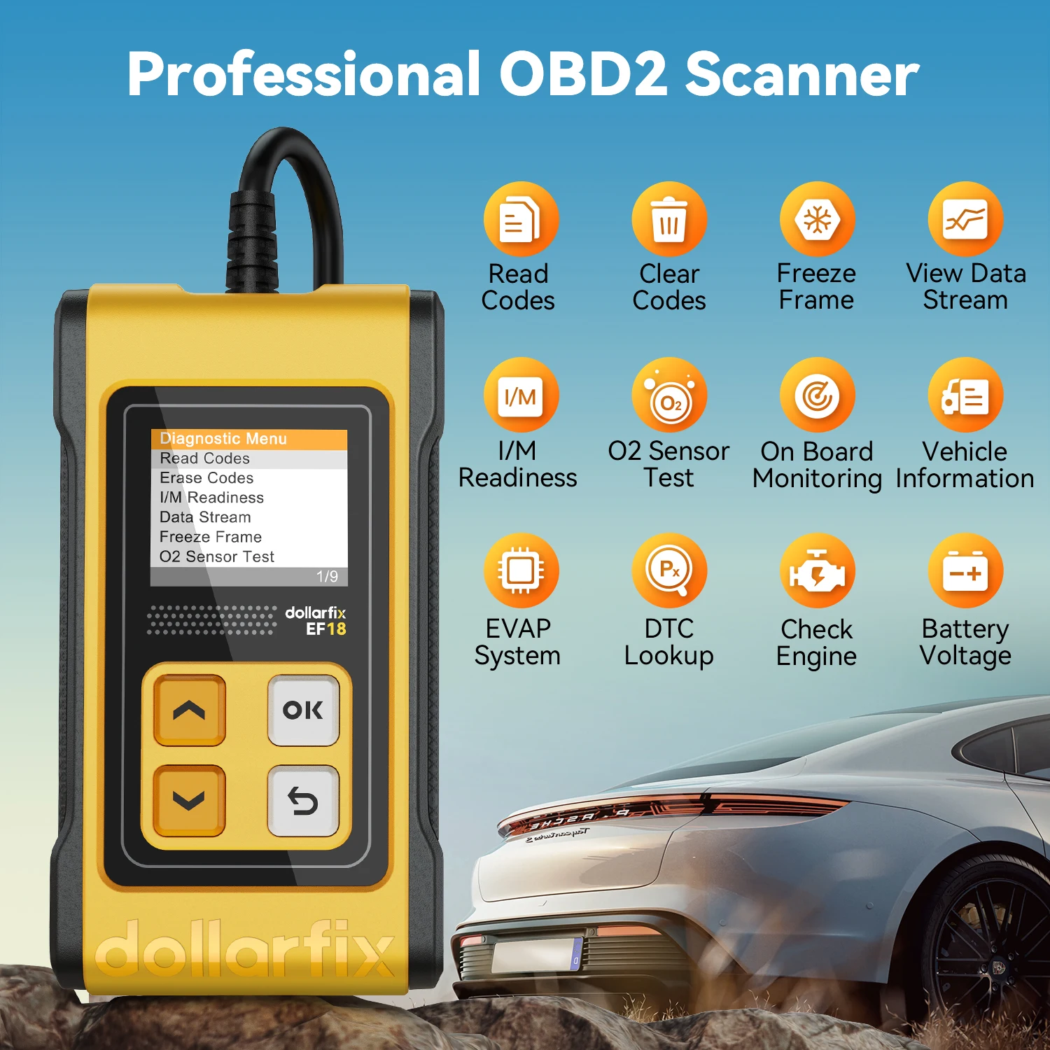 Dollar fix ef18 obd2 scanner autoauto diagnose tool odb2 code leser löschen fehler codes o2 sensor messwerte obd 2 scanner