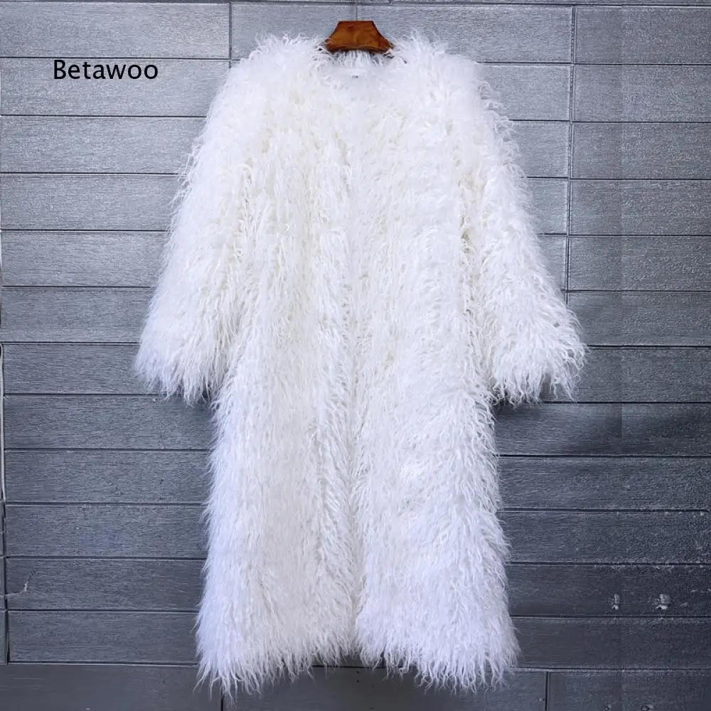 Womens Long Faux Fur Coat Open Front Curly Plush Long Sleeve Outerwear Elegant Warm Maxi Jacket For Cold Season Occasions