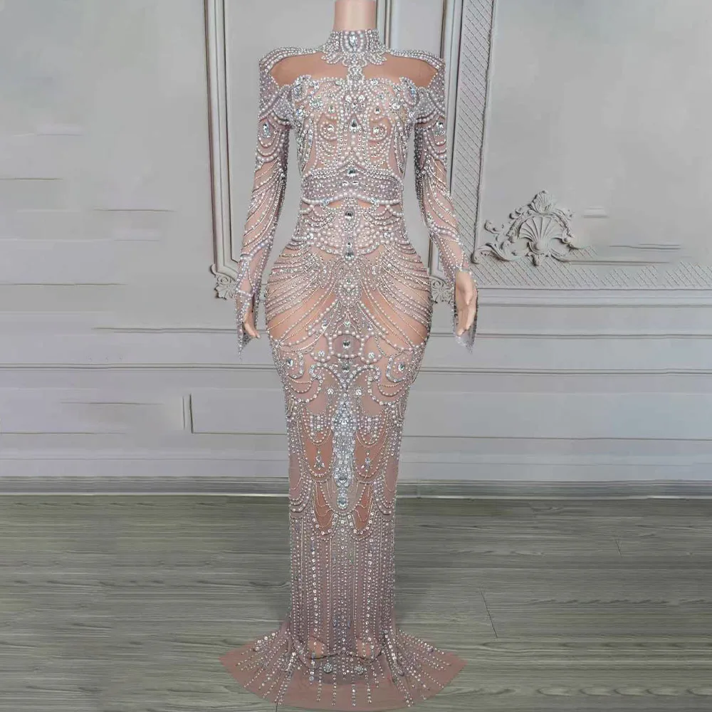 Vestido longo elegante com pérolas e cristais, vestido feminino sexy transparente de malha para noite, aniversário, comemoração de casamento, sessão de fotos