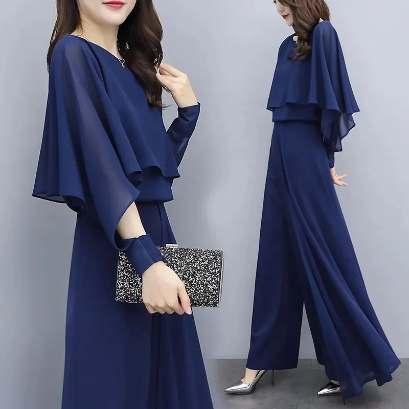 

Single/set Female Chiffon Two-Piece Set 2023 Spring/summer New Fashion Fashion Age Reduction Wide-leg Pants Solid Color Commute