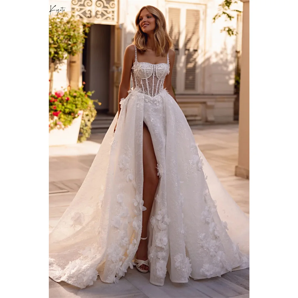 

Kyoto Индивидуальное блестящее жемчужное кружево с 3D цветами Свадебное платье А-силуэта с высоким разрезом по бокам Вечерние платья на шнуровке сзади