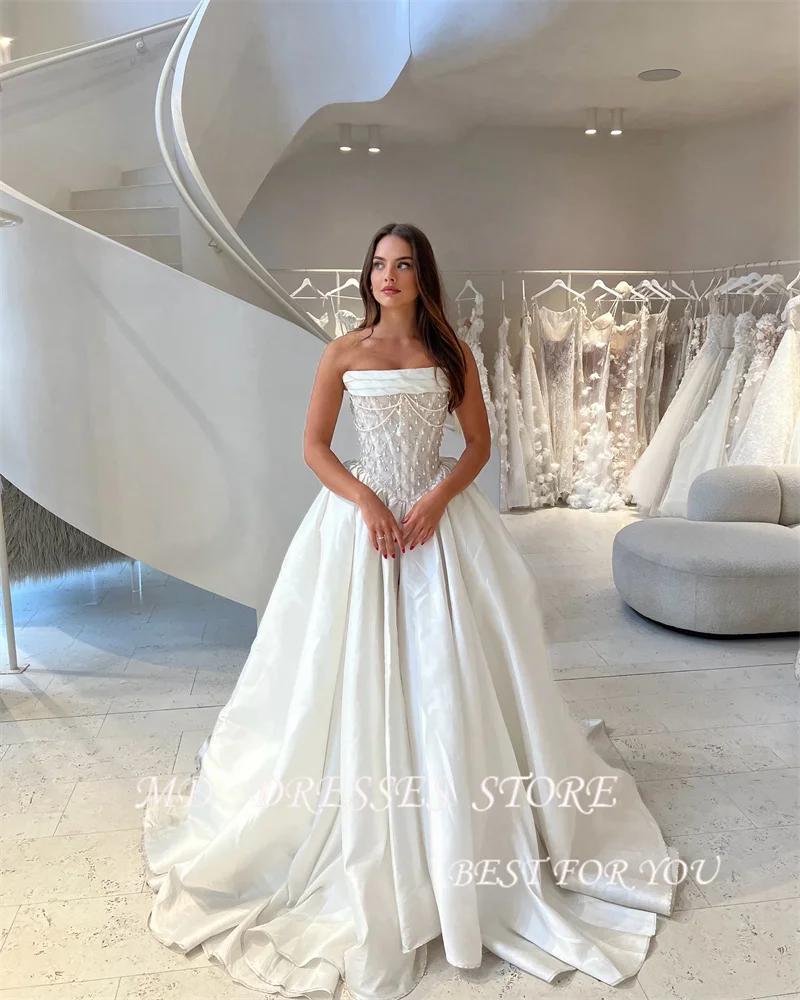 Md sem alças uma linha eua vestidos de casamento feminino saia tafetá cristal topo fino varredura trem vestidos de noiva personalizar