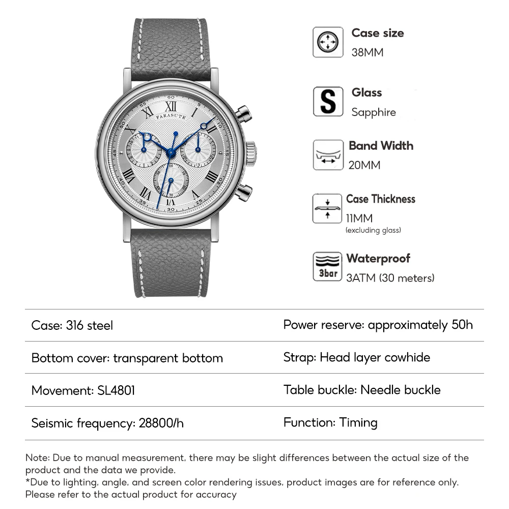 FARASUTE 男性自動腕時計レトロクロノグラフ機械式時計サファイアステンレス鋼 3 窓防水ピーコック 4801