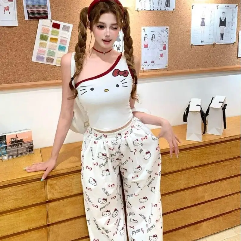 

Sanrio костюм на подтяжках Hello Kitty сексуальная футболка летняя девушка студенческая мода чистый дизайн сращивания смысл милый костюм на подтяжках мультфильм