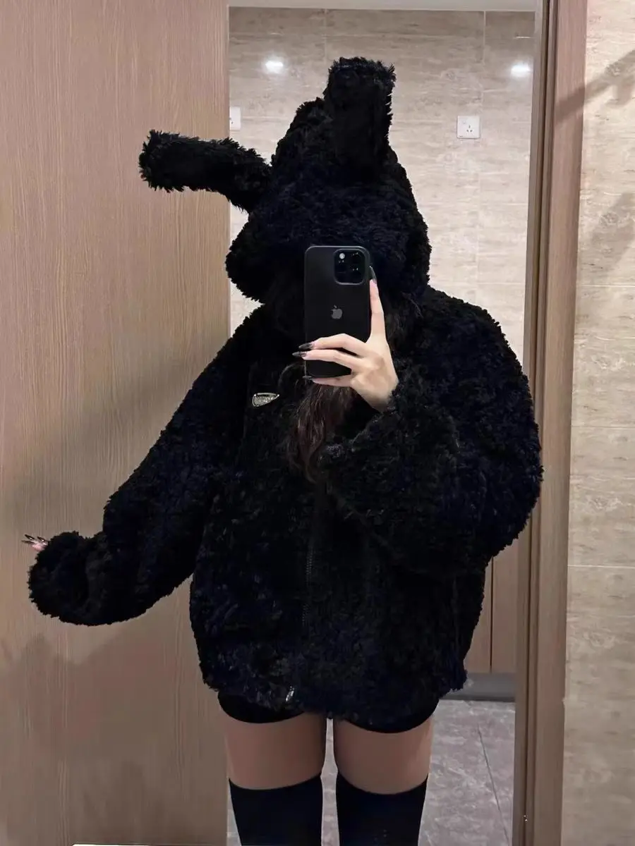 

Coalfell Cotton Thickening Black Fashion American Academy Rabbit Ear Plush Hooded Coat Women Winter Top Cotton Coatwear Female