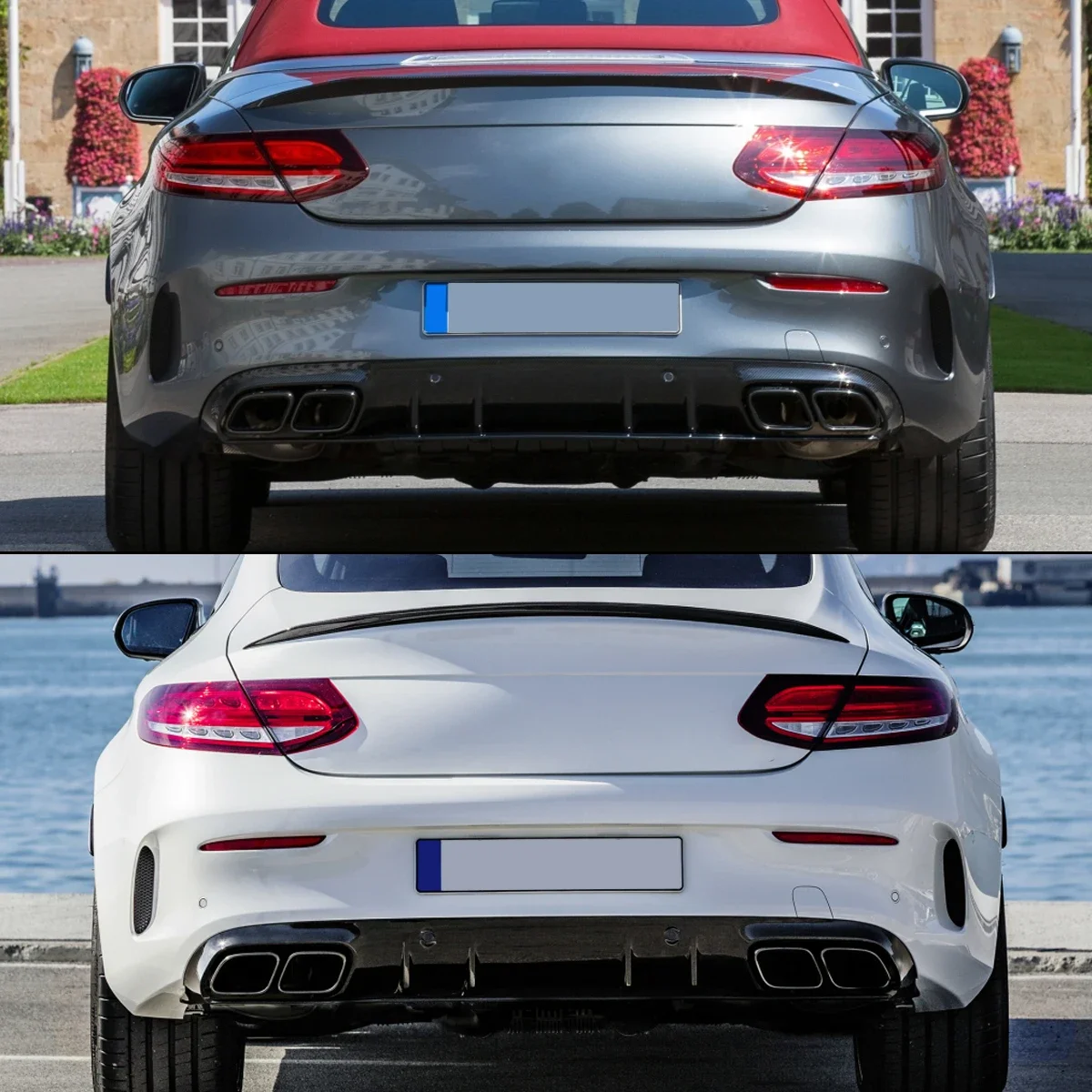 Magickit Rear Diffuser with Exhaust Tips for Mercedes Benz C Class C205 A205 Coupe 2015-2018 C63 Style Rear Bumper Diffuser Lip