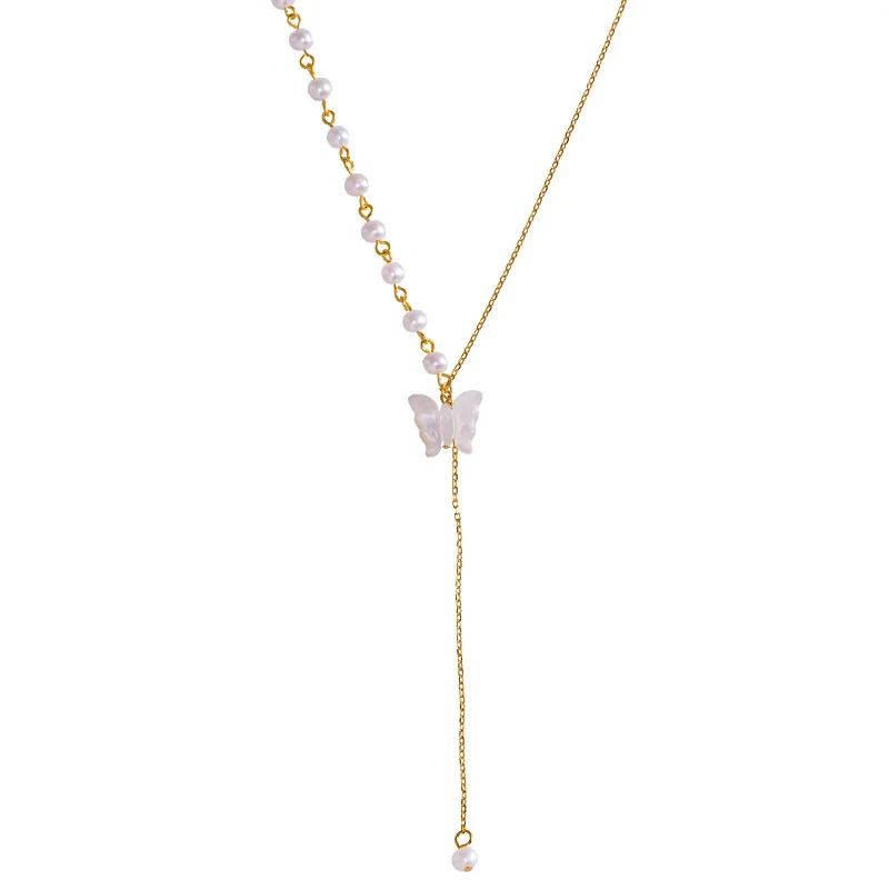 

925 sterling silver light luxury long pearl necklace, butterfly tassel pendant neck chain