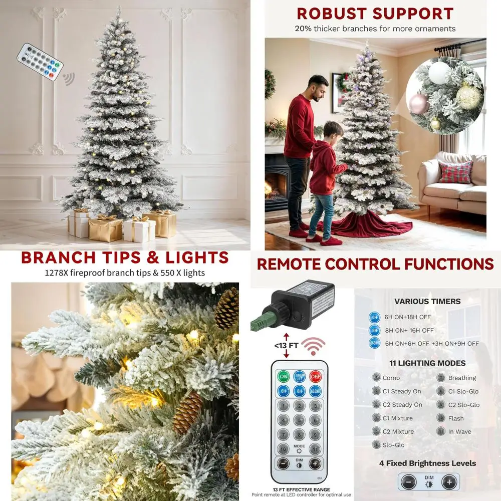 

9ft Pre-lit Flocked Artificial Christmas Tree with 820 LEDs and 80 Pine Cones, 1818 Tips, Metal Hinged Stand for Home & Party De