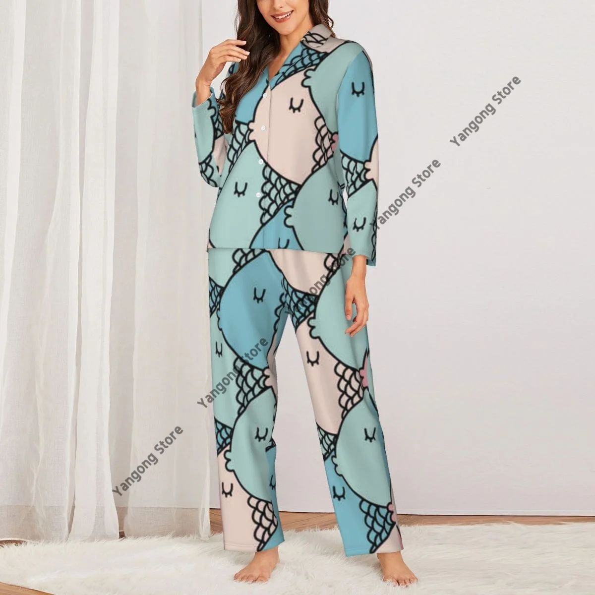 Spring and Autumn Pajama Set Women's Long Sleeve Pants Two Piece Funny Fishes Home Furnishing Set