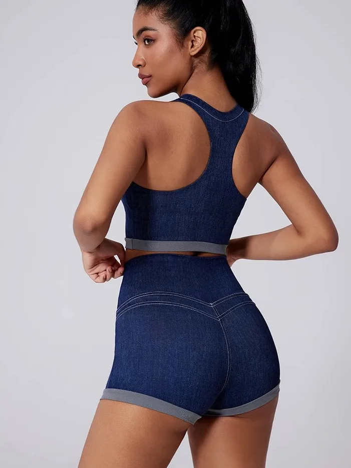 Women's Spor Denim Sle Vest Set Running Yoga Fitn Outwear Underwear New Cross-Border Simulation Cotton Polyester Spandex
