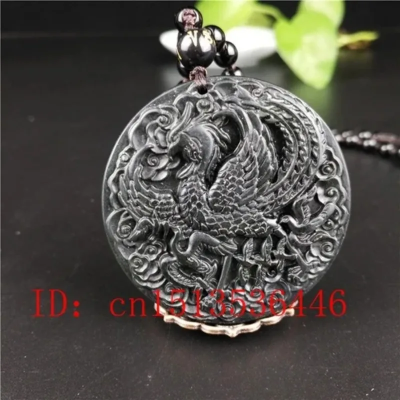 Certified Chinese Natural Black Green Jade Phoenix Pendant Necklace Fashion Charm Jewelry Accessories Sweater Chain Woman Gifts