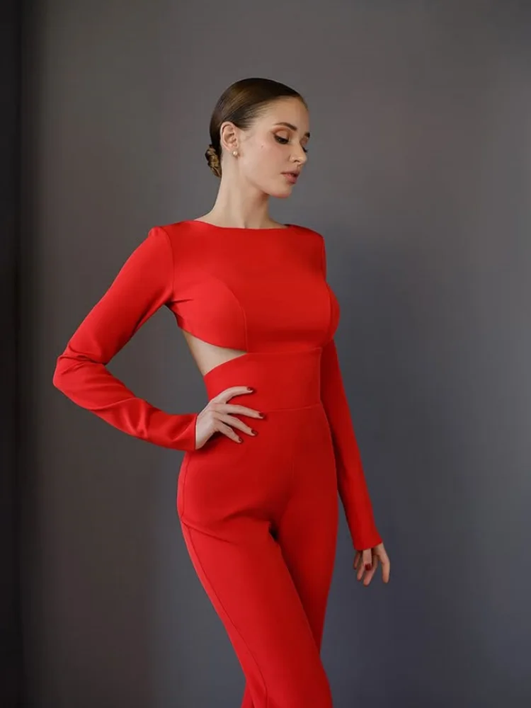 Ahagaga ハイエンド レディース ジャンプスーツ ソリッド O ネック レギュラー 長袖 バックレス スキニー カジュアル オフィス トレンド 女性 ロンパース ジッパー